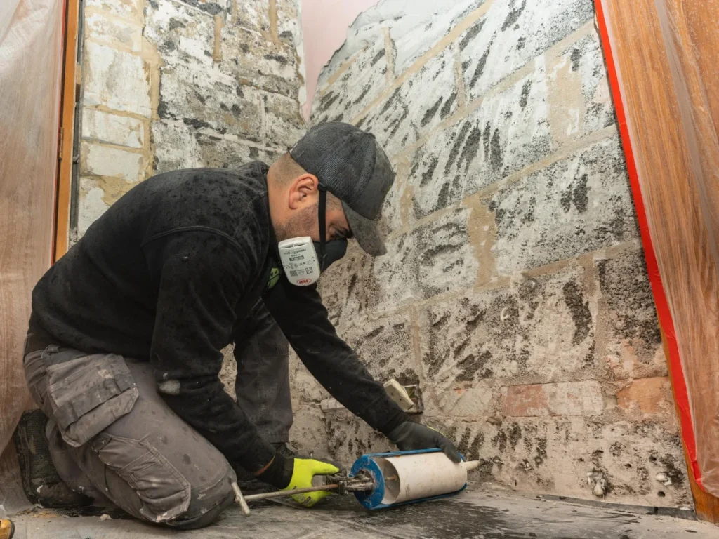 Proofterior technician injecting a chemical damp proof course into brickwork