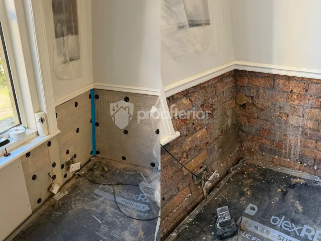 Wall preparation and membrane installation during rising damp treatment in Bournemouth