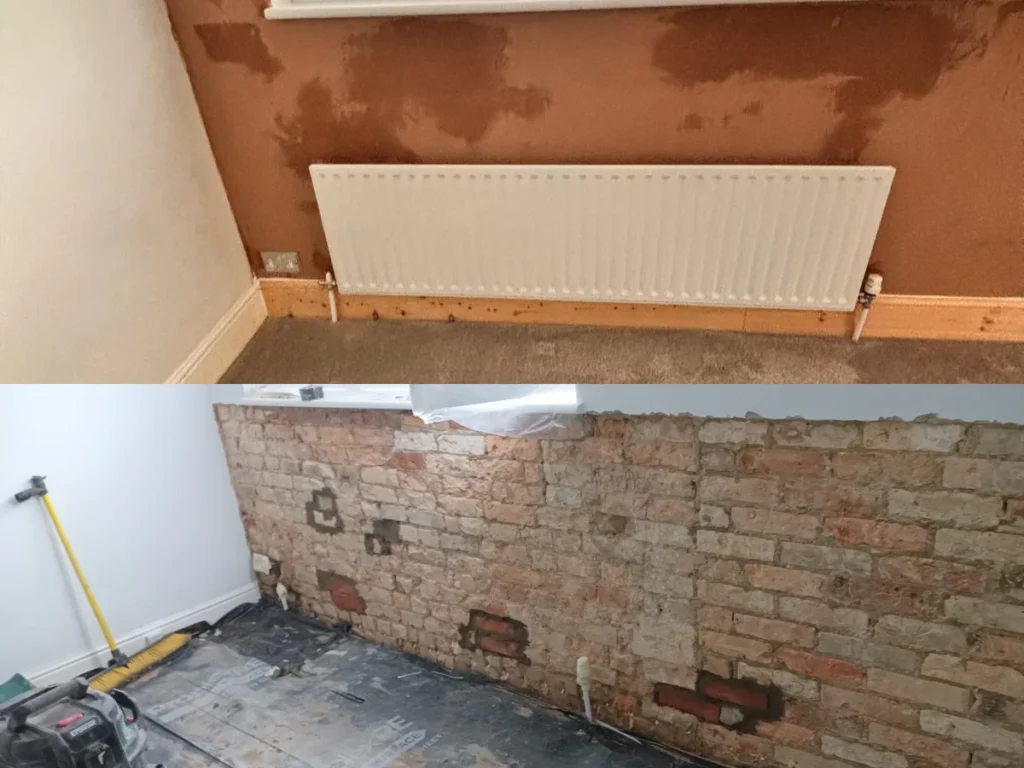 Before and after rising damp treatment on an internal wall