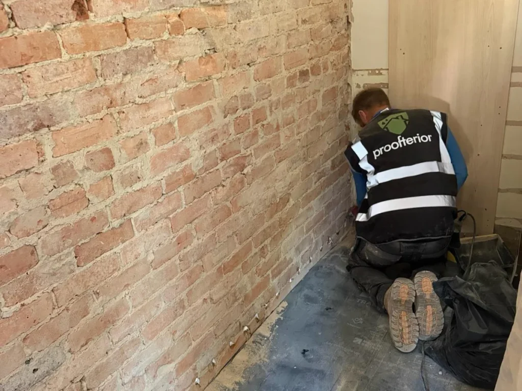 Surveyor inspecting an external wall for penetrating damp