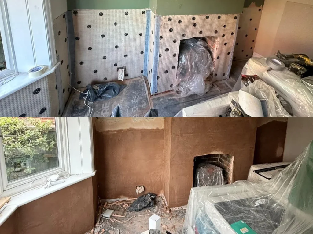 Fireplace alcove restored after damp treatment in Southampton