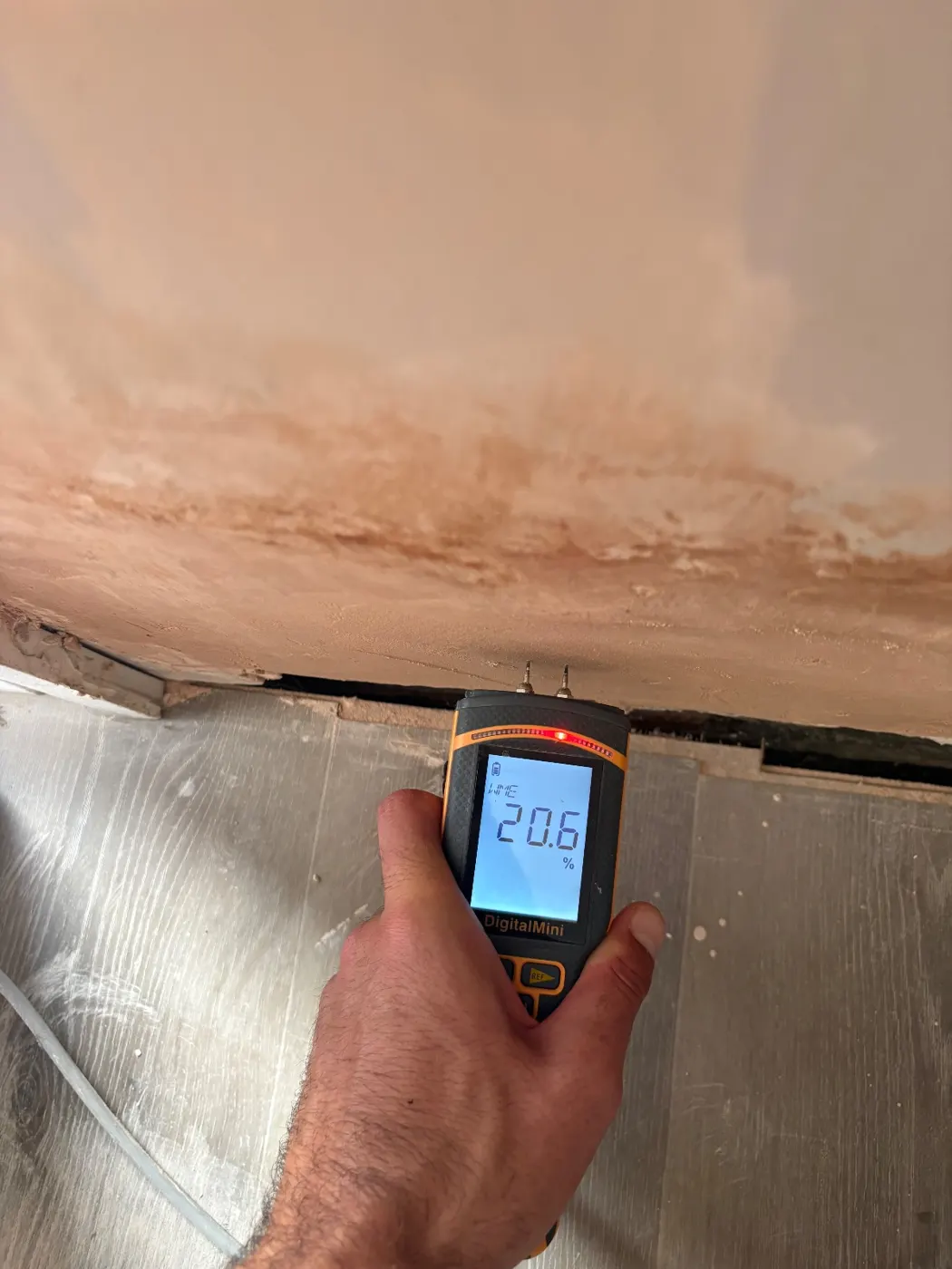 Moisture meter showing high readings on a damp lower wall during the survey