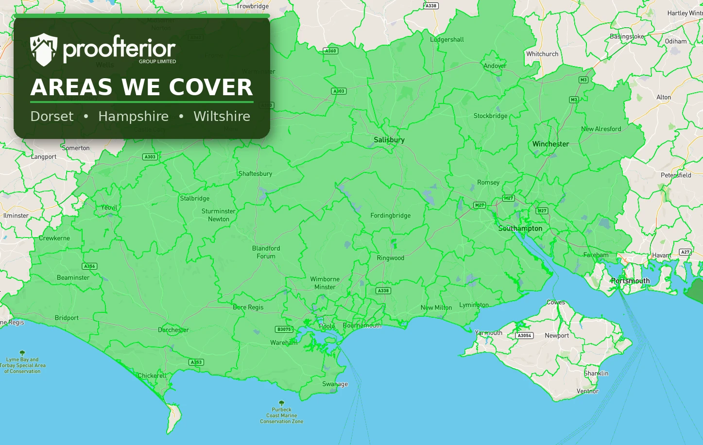 Map of the Proofterior coverage area across Dorset, Hampshire and Wiltshire