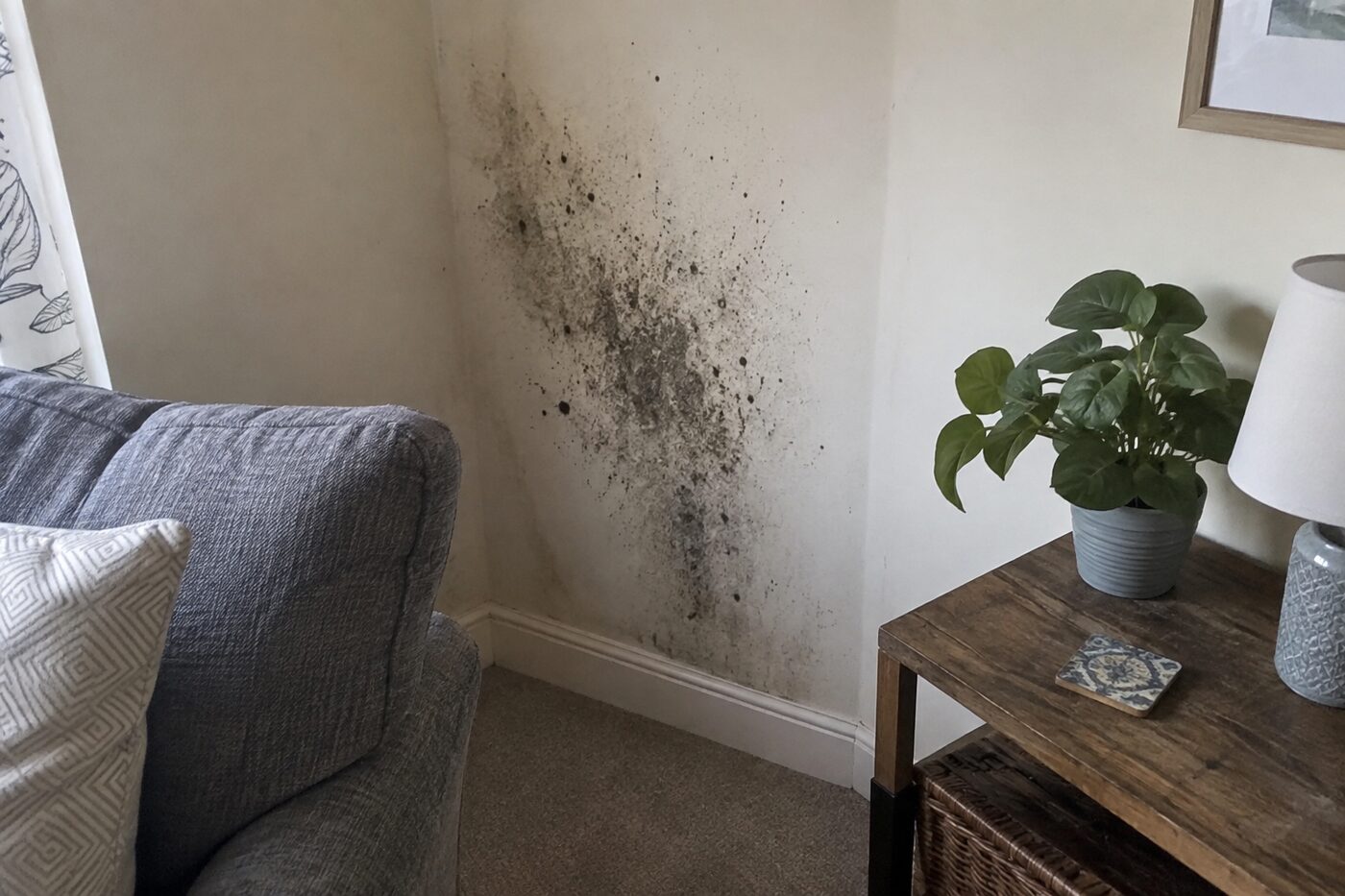 Damp, mould-stained interior wall diagnosed by a Proofterior surveyor