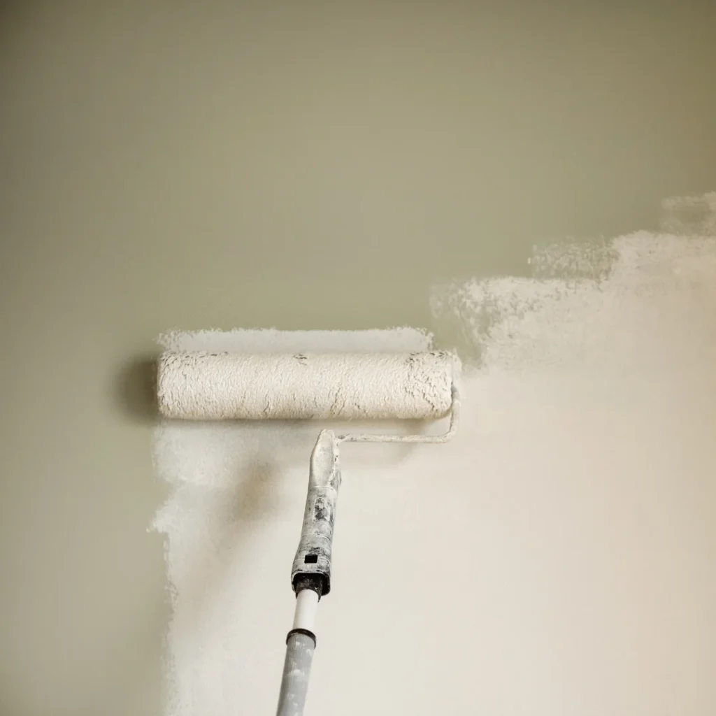 Specialist applying anti-mould paint to an internal wall with a roller
