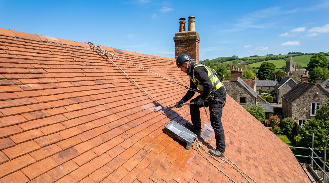 Proofterior roofer applying a protective coating to a pitched roof