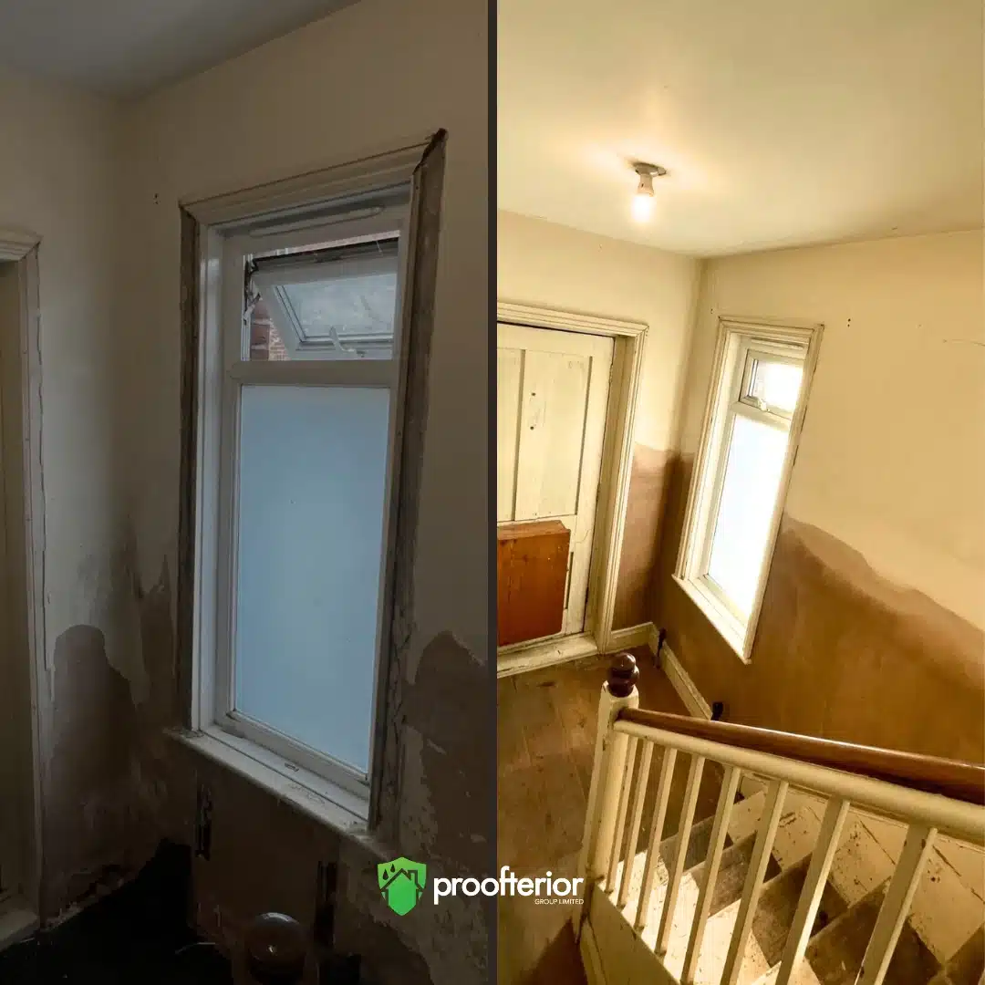 Proofterior rising damp treatment and replastered stairwell wall in Hampshire property.