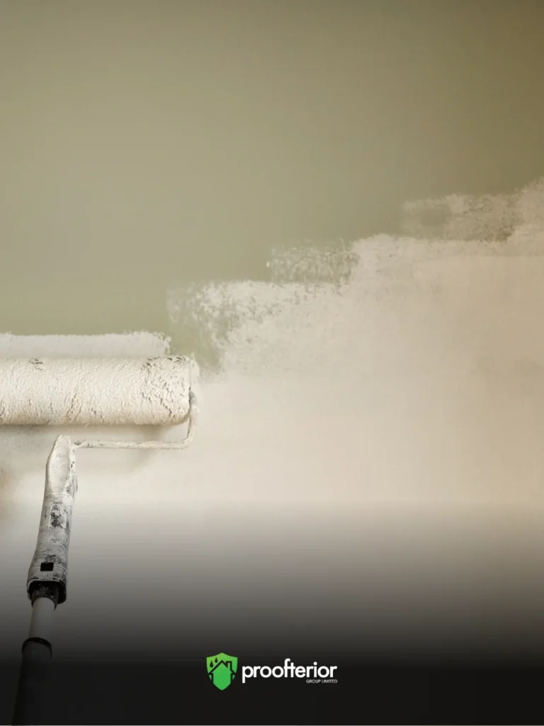 Close-up of a hand painting a damp-treated wall with a brush, showing paint as the finishing step after proper damp-proofing.