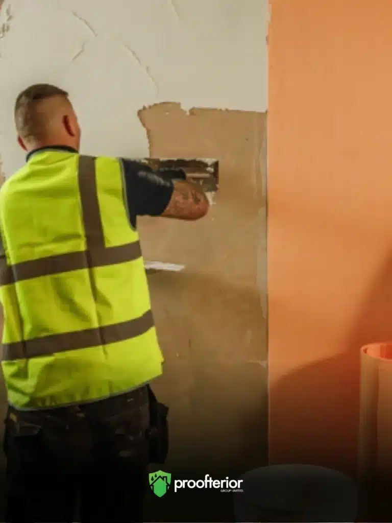 Proofterior technician replastering interior wall following damp proof course treatment in Hampshire.