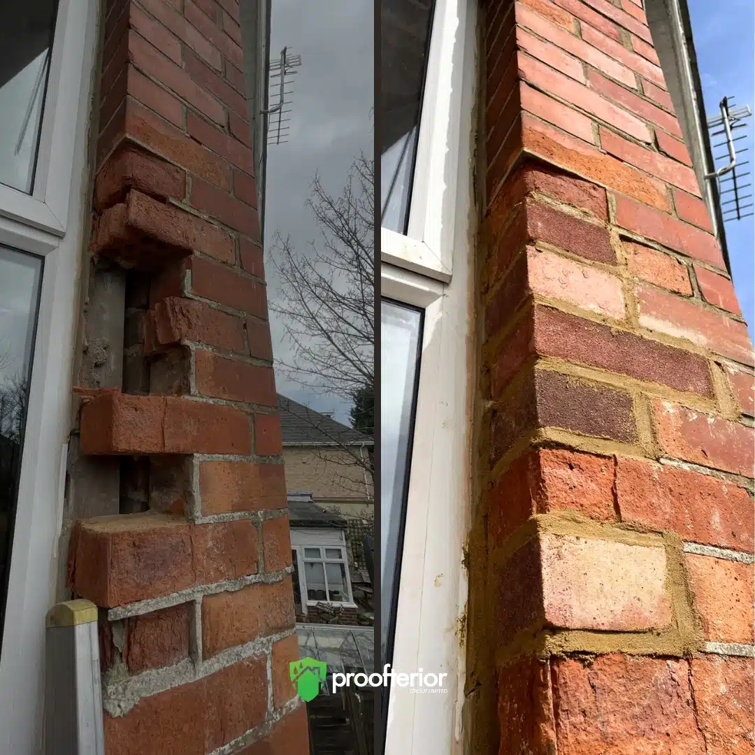 Proofterior brickwork repair after damp damage on exterior wall of Hampshire house.