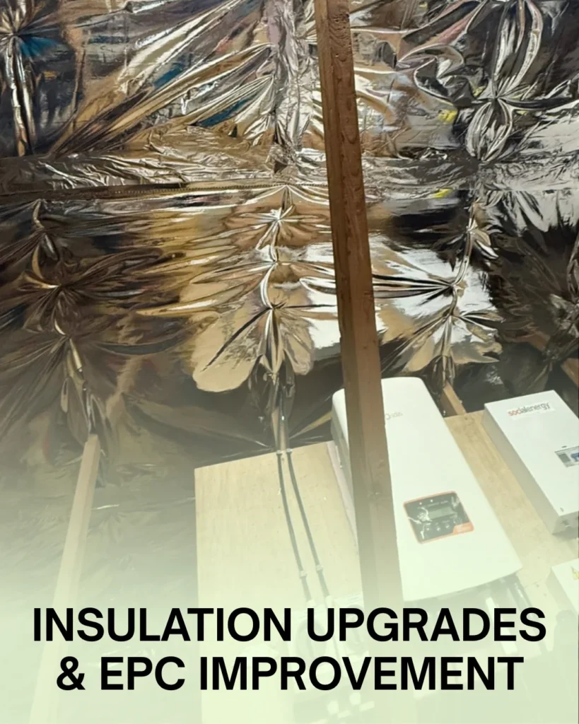 Proofterior insulation upgrade in a loft with reflective foil insulation, improving EPC ratings and energy efficiency for homes in Dorset and Hampshire, helping reduce heat loss, lower bills, and prevent damp issues across the South of England.โ