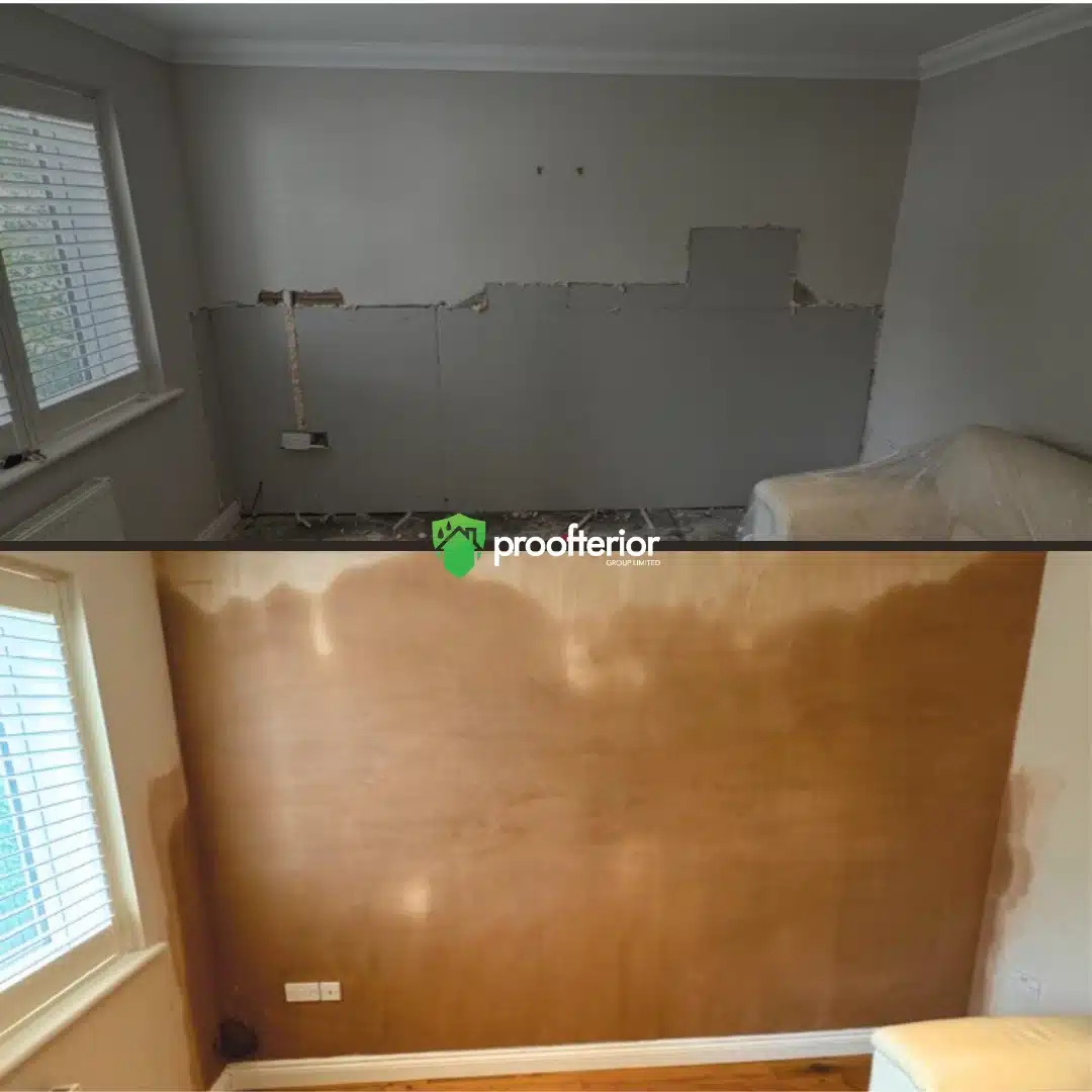 Proofterior damp proofing and replastered living room wall in Dorset property.