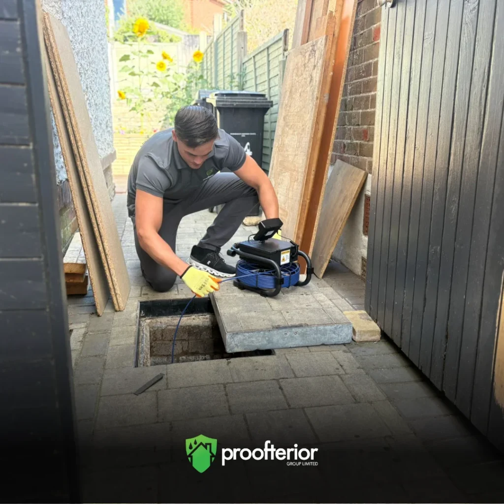 Proofterior techniciandoing CCTV Survey, inspecting external drainage for damp prevention in Hampshire home.