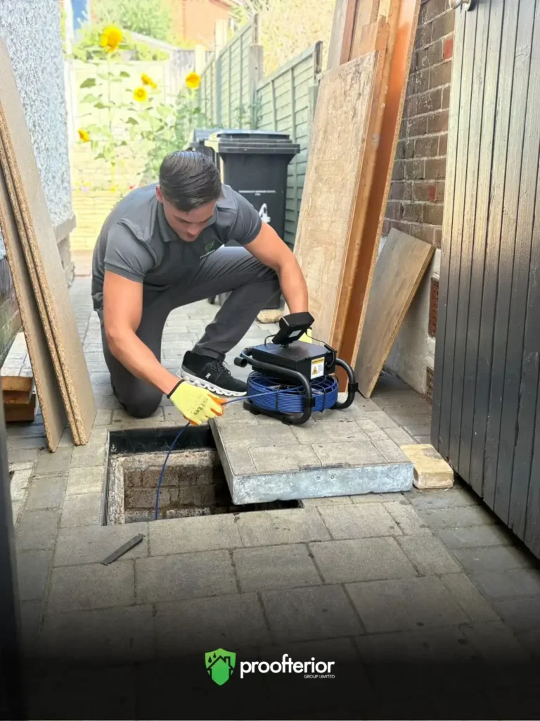 Proofterior technician inspecting external drainage system to prevent damp in Dorset property.