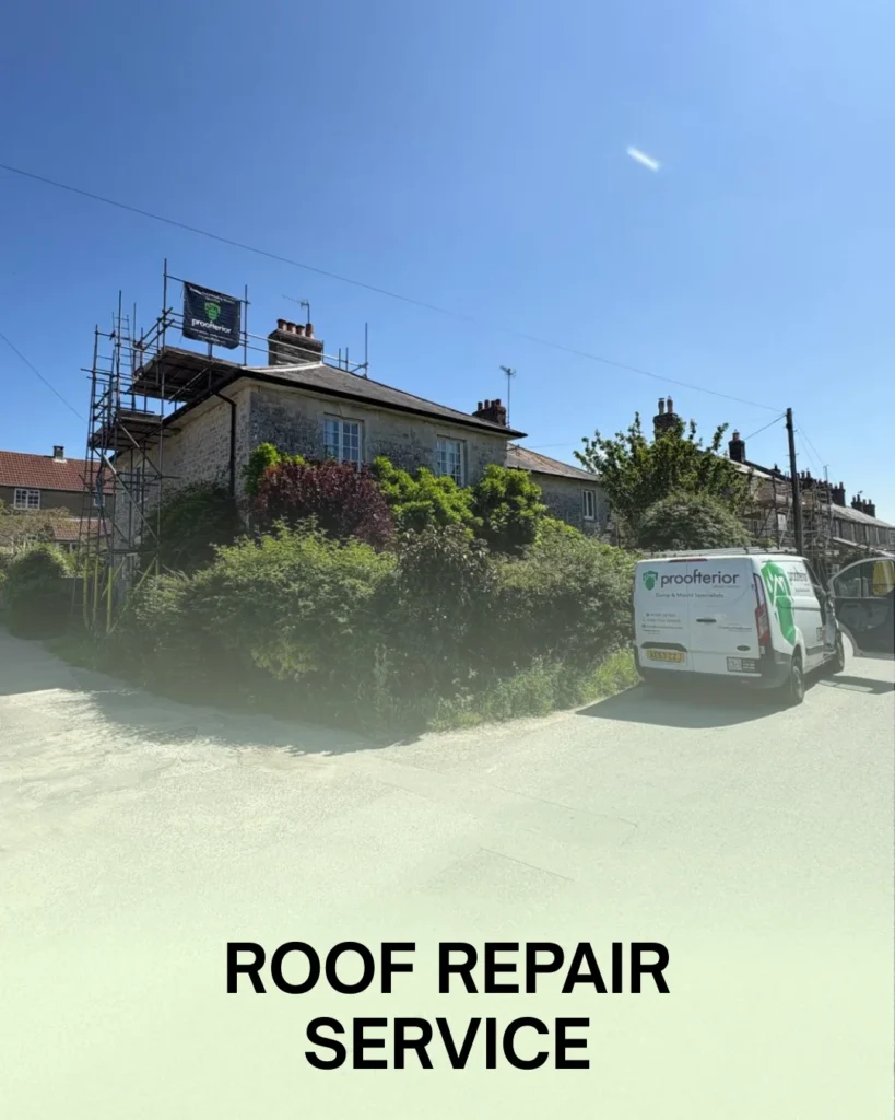 Proofterior roof repair service in Dorset and Hampshire, with scaffolding and service van outside a residential home, providing expert damp proofing, waterproof roof coatings, and long-lasting roof repairs across the South of England.