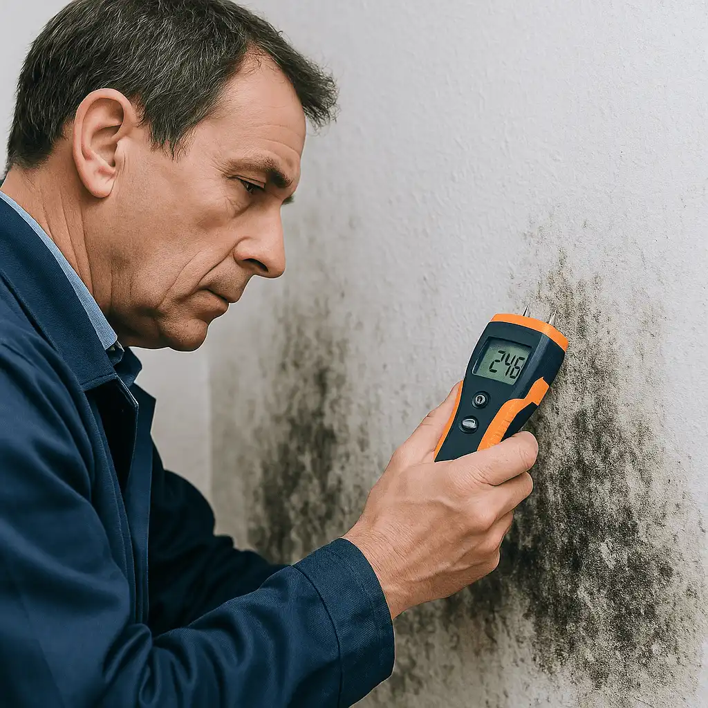 Surveyor assessing damp as part of a landlord compliance check for mould law 2025