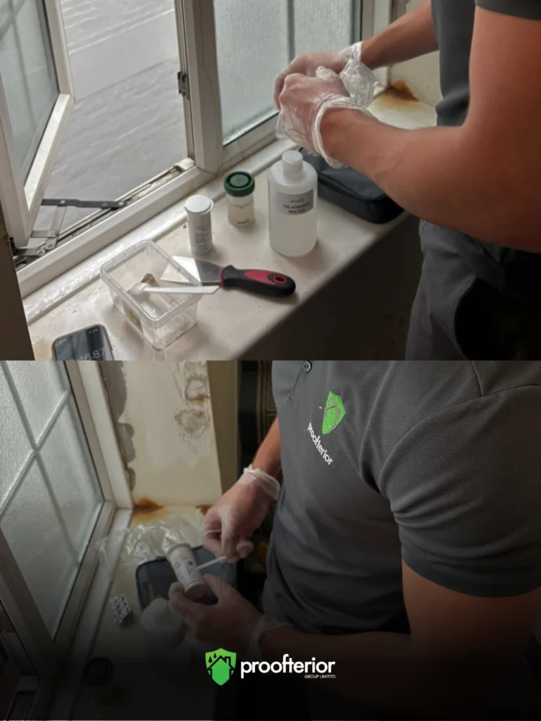Proofterior damp investigation technician taking salt testing samples from window area in Dorset home