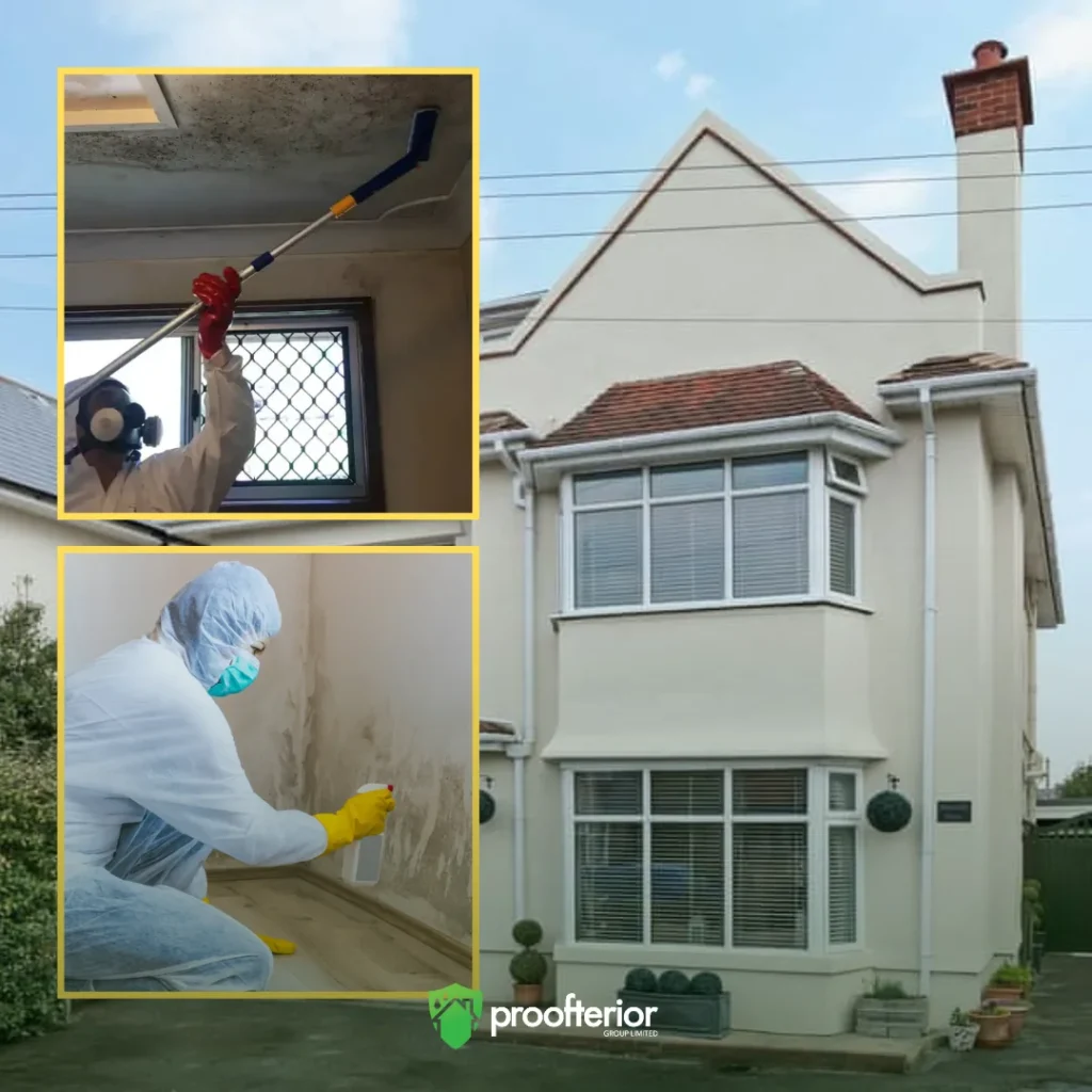 Satisfied Bournemouth homeowner standing with Proofterior technicians after successful mould cleaning and damp treatment.