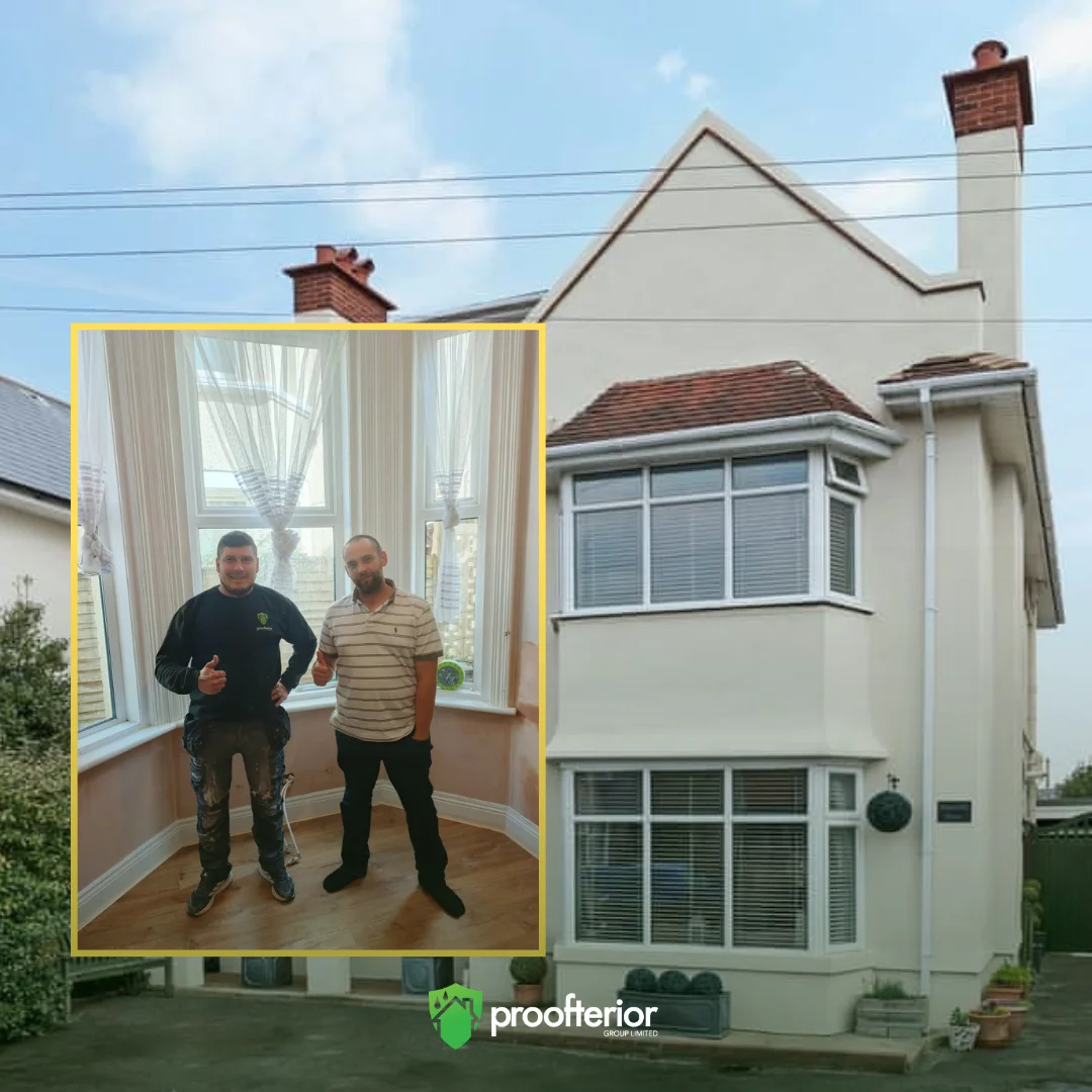 Restored Bournemouth home exterior after mould removal and damp proofing, showing clean, bright walls and improved property condition.