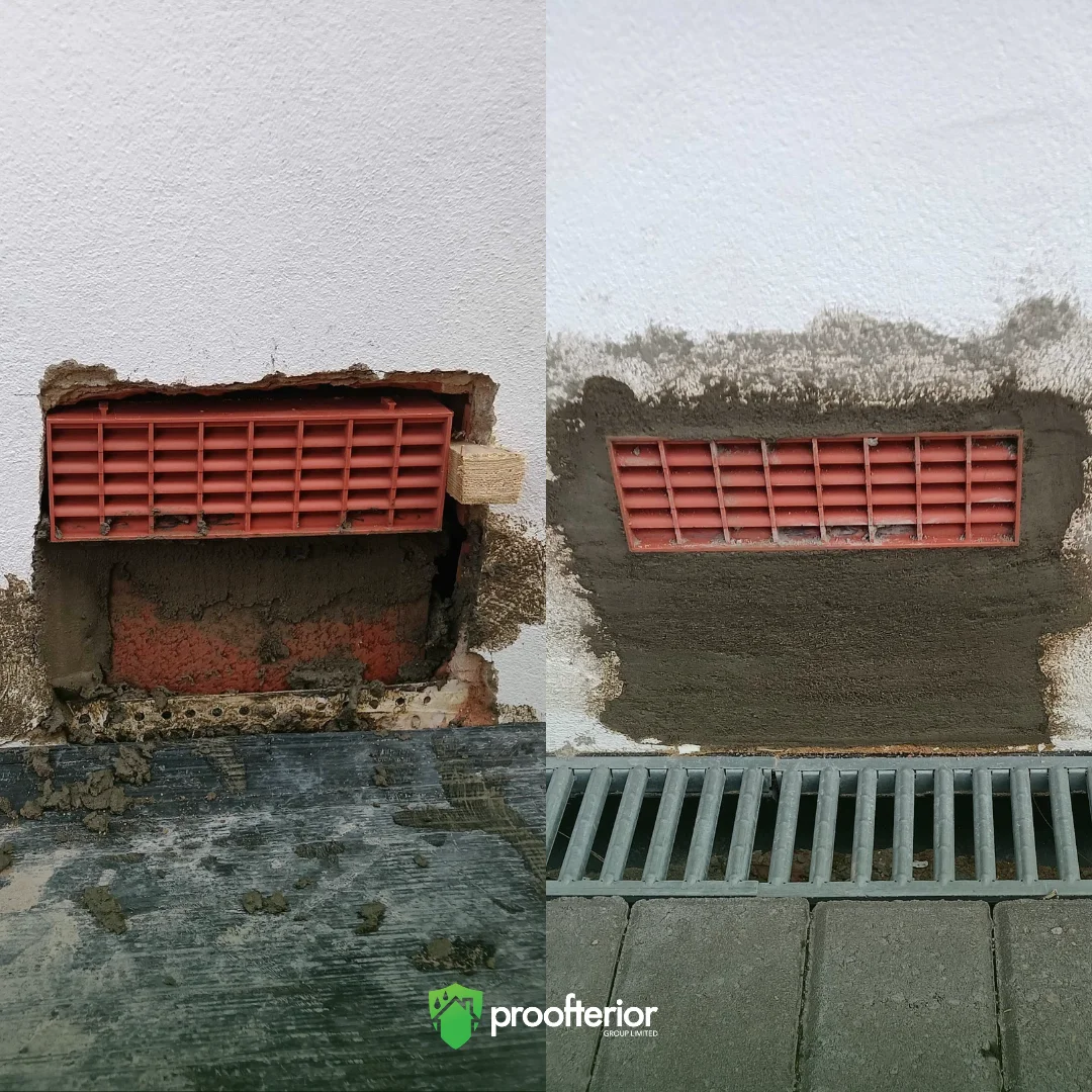 Proofterior team performing cavity clearance and injecting a damp proof course on external walls of a Weymouth home to prepare for Iso-therm insulation.