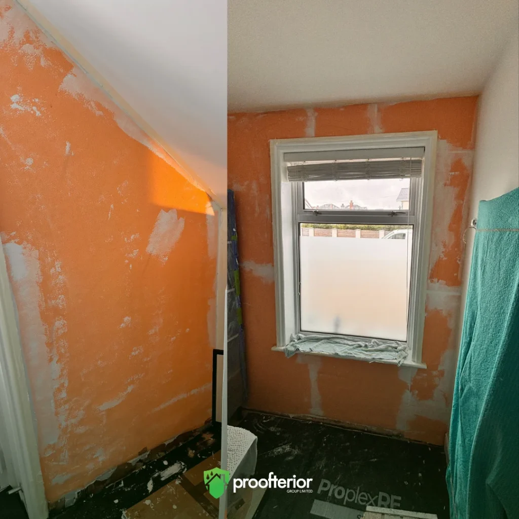 Proofterior specialists applying Iso-therm internal wall insulation on newly plastered walls to boost warmth and energy efficiency in Weymouth.