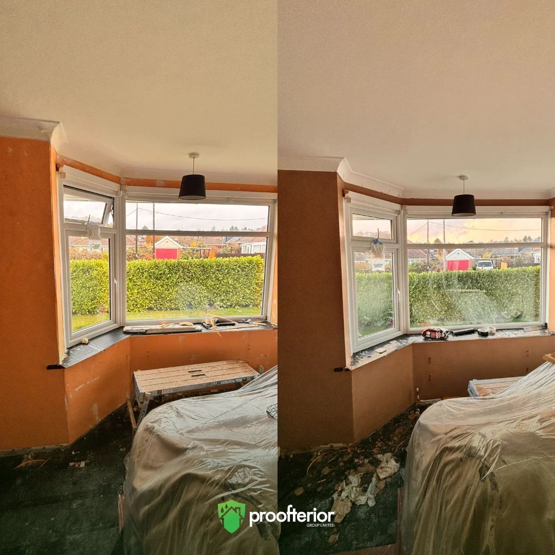Before and after comparison of a Southampton bay window showing preparation and fresh skim coat after Iso-Therm insulation.