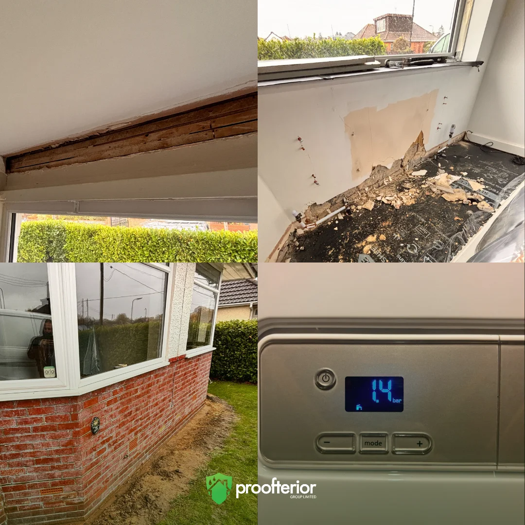 Exposed upper window frame showing timber repairs and wall preparation before damp proofing and Iso-Therm application in Southampton home.