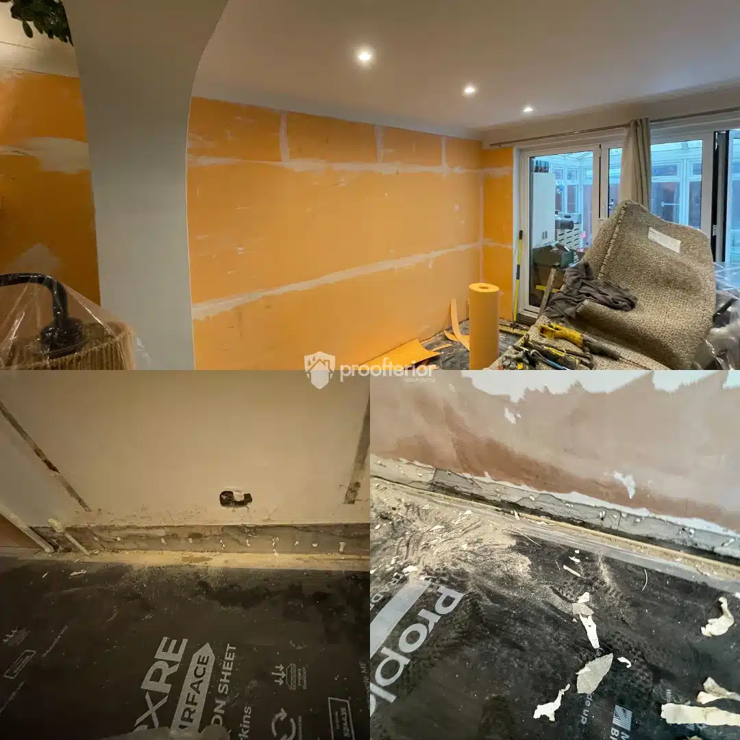 Preparation stage of Iso-therm insulation in Bournemouth, showing stripped walls and exposed surfaces prior to damp proofing and insulation installation.