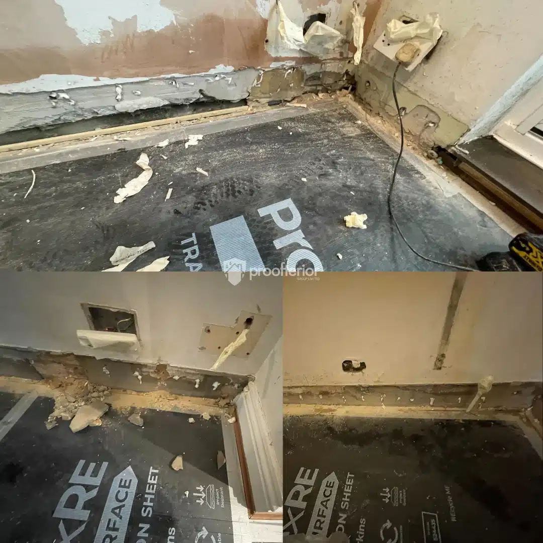 Damp affected skirting and wall base in a Bournemouth property, highlighting moisture damage addressed before Iso-therm insulation was fitted.