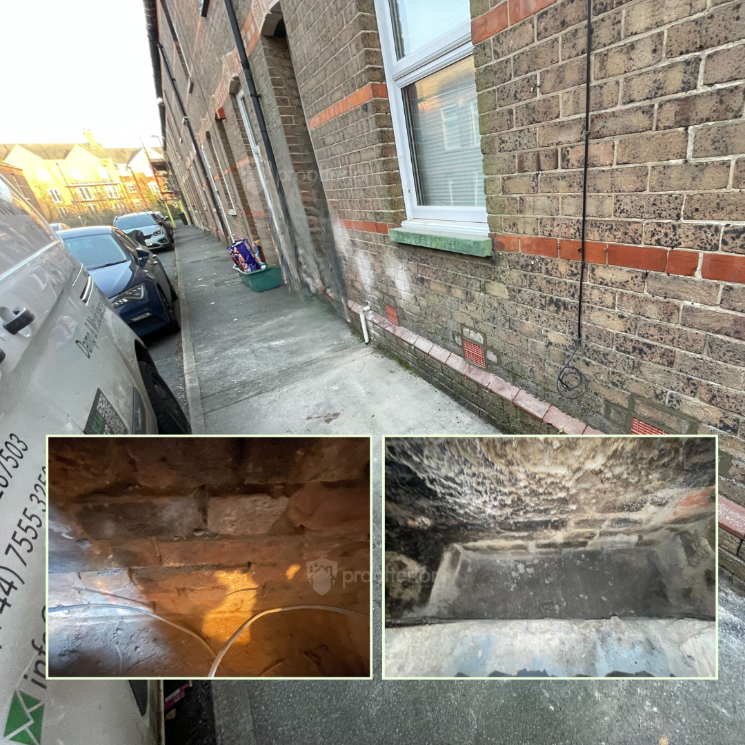 Victorian terraced property showing external ground floor walls with signs of damp and newly installed air bricks to improve sub-floor ventilation.