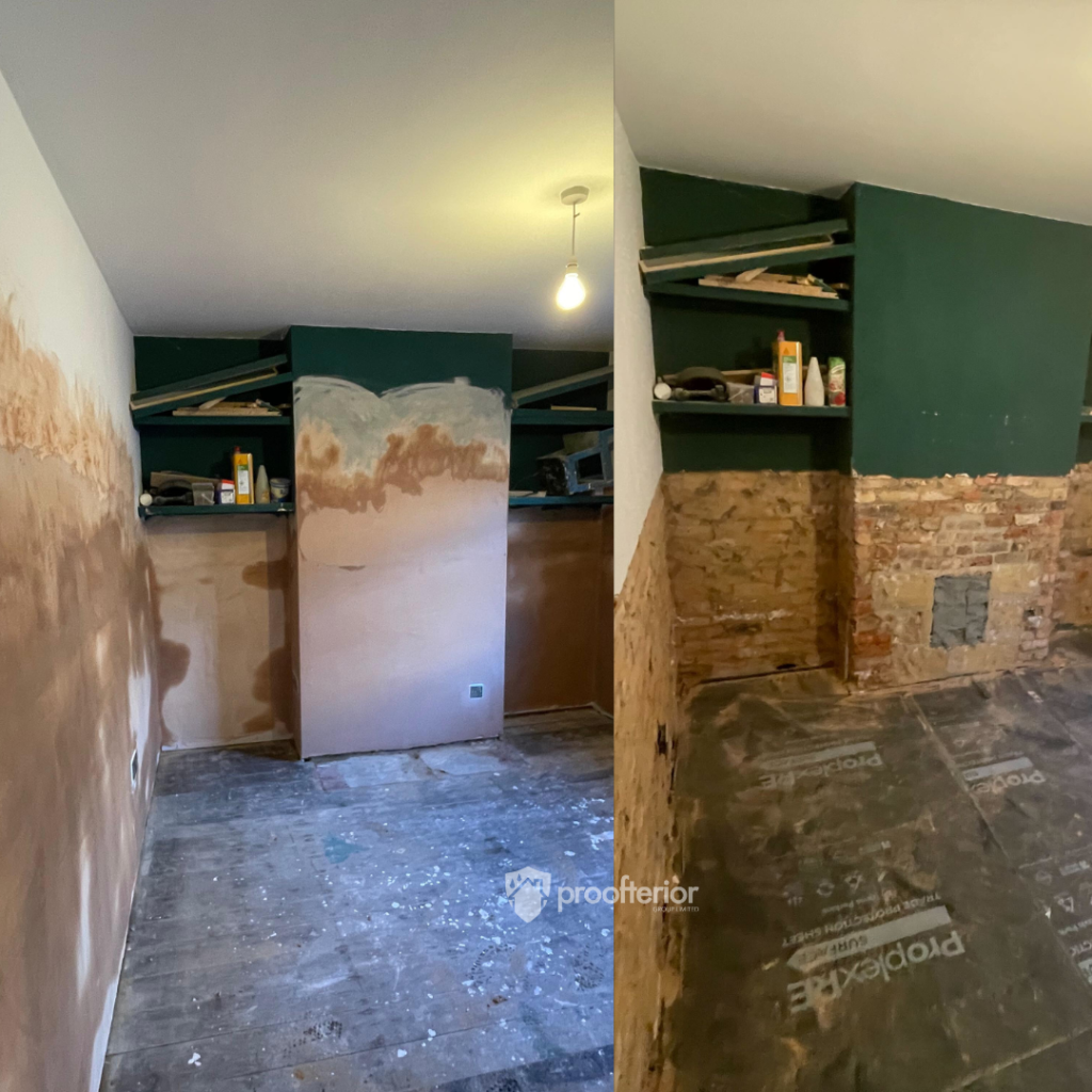 Before image showing damp-stained internal walls in a Victorian property prior to Proofterior Dry System installation and replastering.