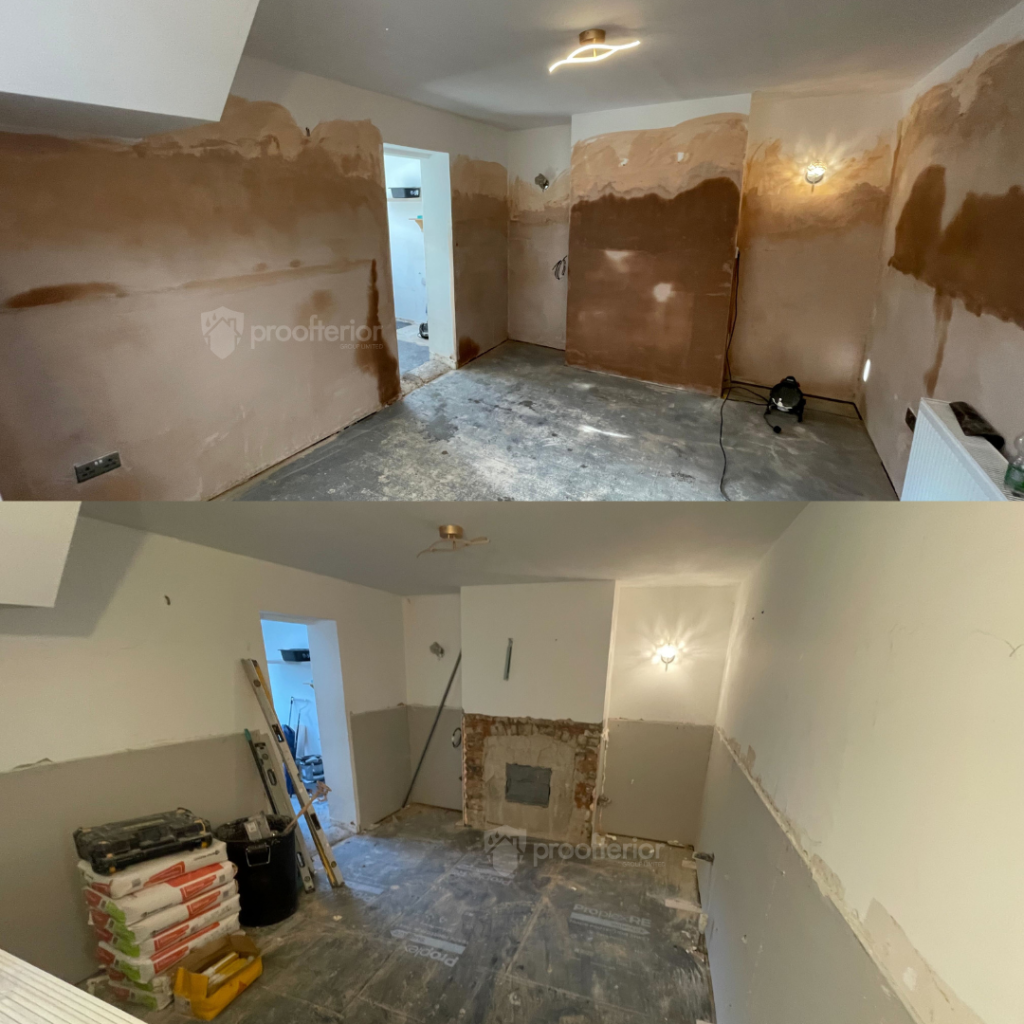 Internal room during damp proofing works using the Proofterior Dry System, with walls treated and prepared for salt-resistant replastering.