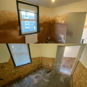 Victorian property interior showing progression of damp removal works, including treated masonry and preparation for full wall reinstatement.