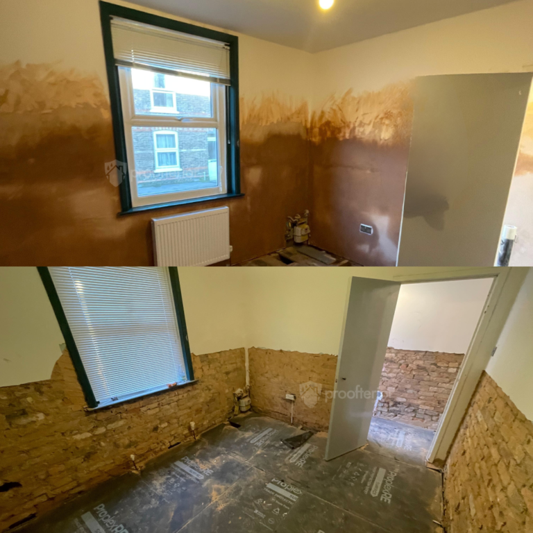 Victorian property interior showing progression of damp removal works, including treated masonry and preparation for full wall reinstatement.