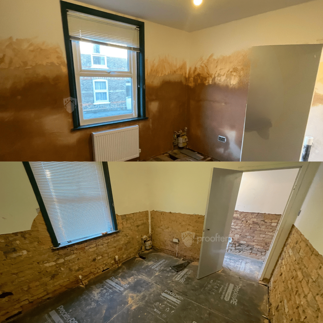 Victorian property interior showing progression of damp removal works, including treated masonry and preparation for full wall reinstatement.