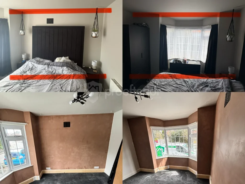 Stages of treating bedroom mould in Bournemouth, from identifying cold walls with red indicators to the application of internal wall insulation (IWI) and specialized plaster.