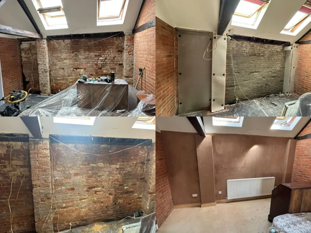 step by step retaining wall waterproofing process in Wimborne Dorset showing exposed damp brickwork, damp proof membrane installation, and finished plastered wall after lateral penetrating damp treatment