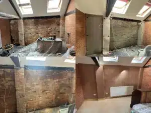 step by step retaining wall waterproofing process in Wimborne Dorset showing exposed damp brickwork, damp proof membrane installation, and finished plastered wall after lateral penetrating damp treatment