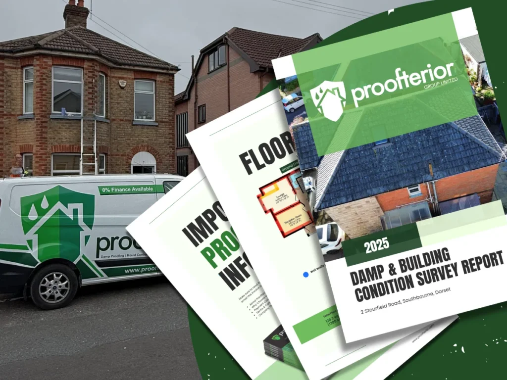 A comprehensive 2025 Damp and Building Condition Survey Report for a property in Southbourne, Dorset, demonstrating Proofterior's detailed diagnostic process.