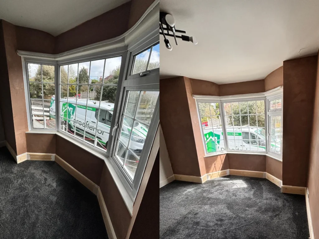 Before and after comparison of a bay window in Southampton fully restored and plastered following a successful rising damp treatment by Proofterior.