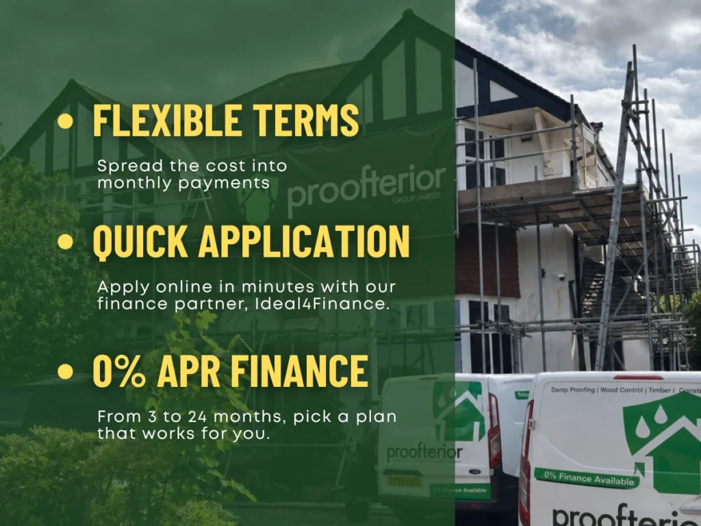 Professional damp proofing with flexible payment terms and 0% APR finance options available for homeowners in Southampton and across Dorset.