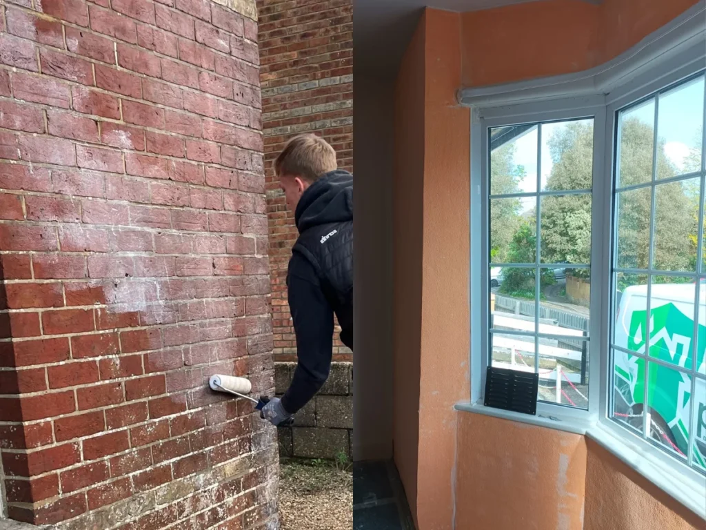 A split-screen showing a technician applying Masonry Protection Cream to an external wall and the final plastered internal finish in a Southampton damp project.