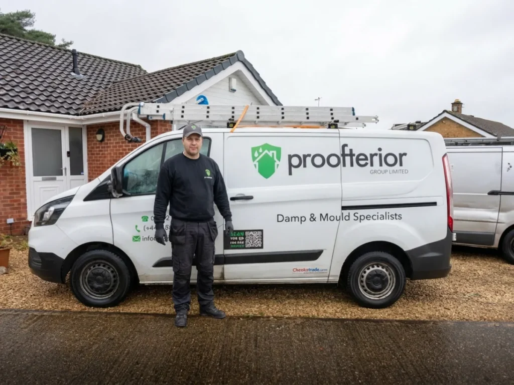 Proofterior service van parked in a Southampton residential street, highlighting our 0% finance options and local presence as damp and mould specialists.