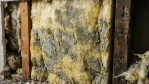 Aspergillus mould spreading across loft insulation between timber joists